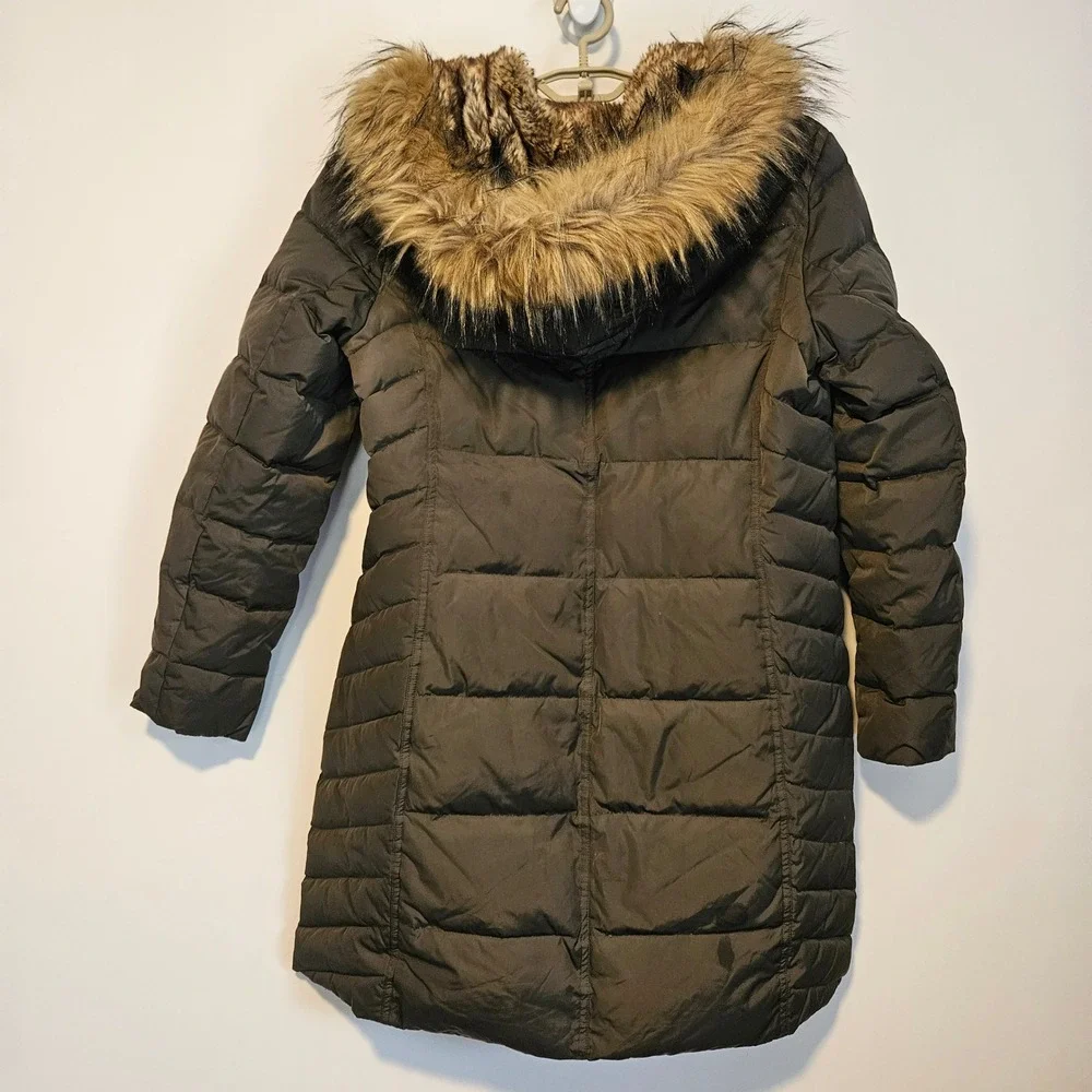 Cole Haan Signature Long Puffer Coat L Olive Green Down Faux Fur Hood Quilted
